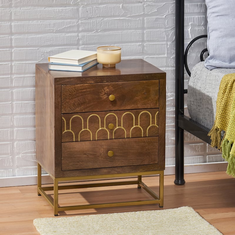 Contemporary Mango Wood Nightstand, Mid-Century Modern Design, Gold Accents, Durable Iron Frame, 3 Drawers - Walnut