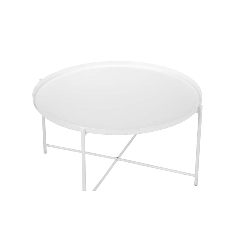 Ely 33 Inch Coffee Table, Round Top with Cross Base, White Metal Finish
