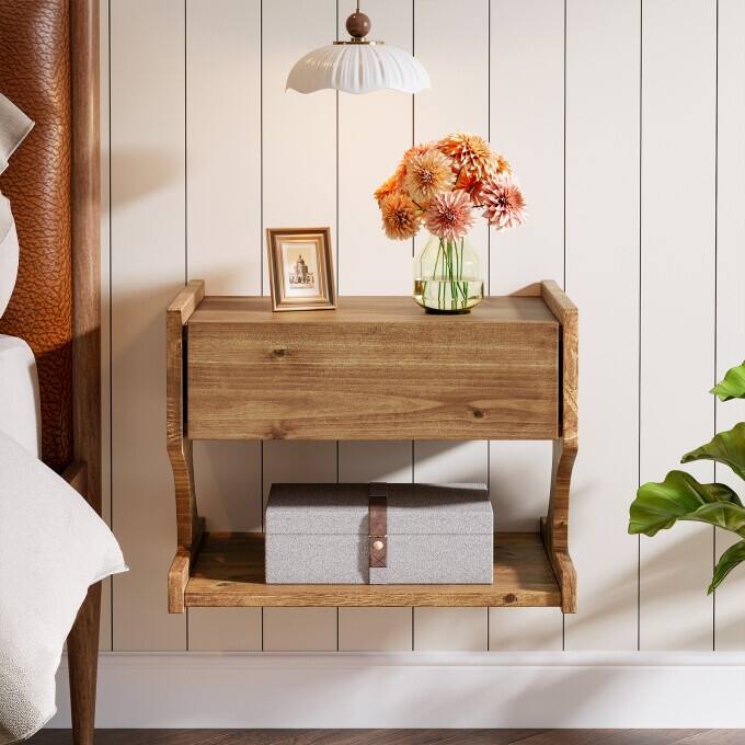 Solid Wood Floating Nightstand, Wall-Mounted Bedside Table with Drawer
