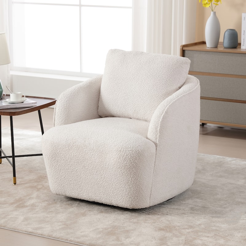 Boucle Fabric Upholstered Swivel Barrel Armchair With Pillow - Ivory