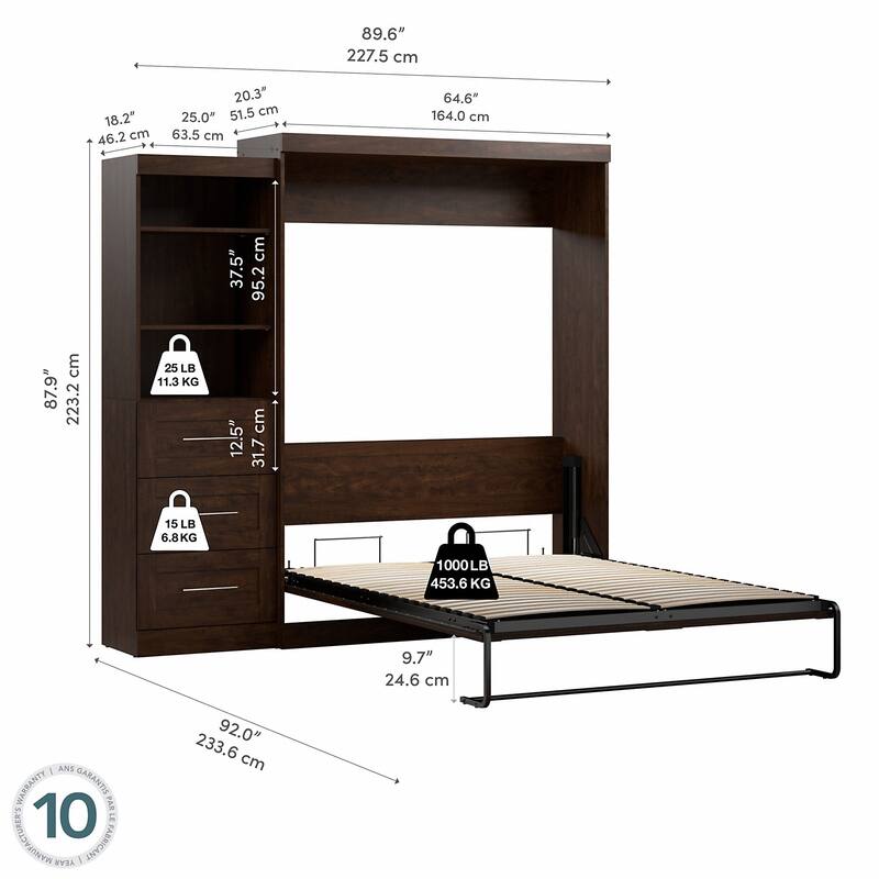 Bestar Pur Queen Murphy Bed with Shelving Unit and Drawers (90W)