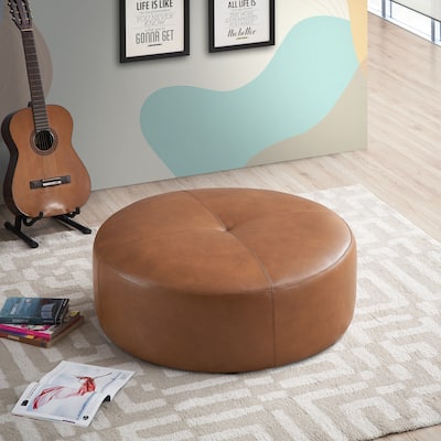 Solhellie Mid Century Round Genuine Leather Ottoman in Tan