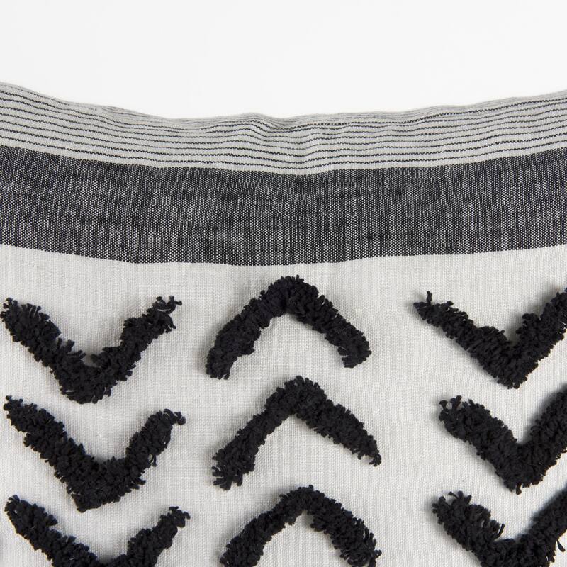 Kimia 14L x 26W White, Gray, and Black Fabric Herringbone and Fringed Decorative Pillow Cover