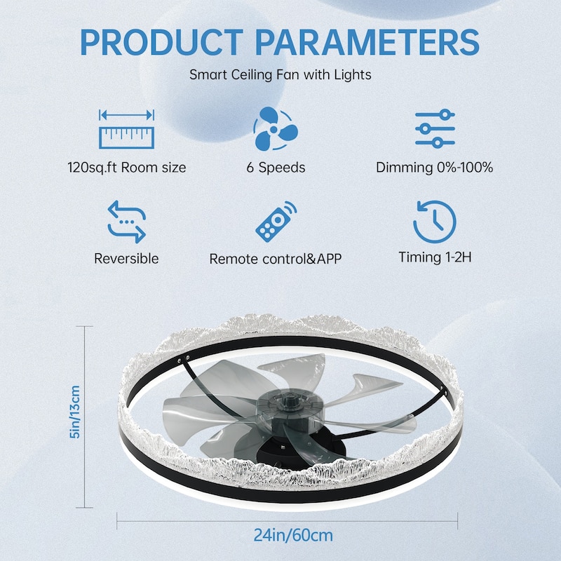 24" Crystal Chandelier Ceiling Fan, Dimmable LED Fan Light, 6-Speed Reversible Ceiling Fan