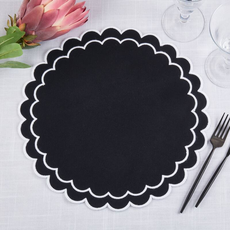 Scalloped Cotton Placemats (Set of 4) - Layered Wavy Edge Round Table Placemats for Dining, Entertaining & Everyday Table, 15"