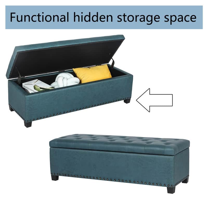 Adeco Storage Ottoman Faux Leather Button Tufted Bench Rectangle Footrest