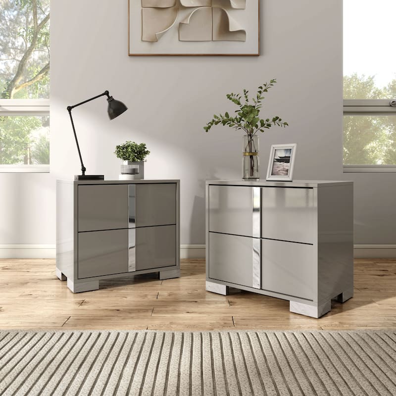 Furniture of America Erina Modern Glossy 2-drawer Nightstand (Set of 2) - Light Taupe