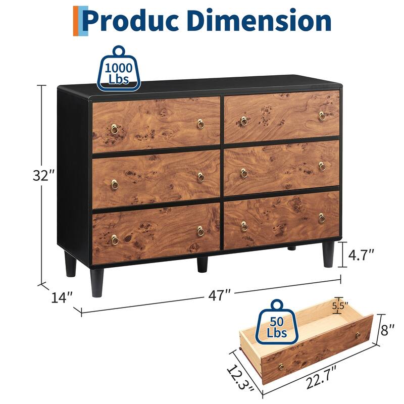 Drawers Dresser, Modern Chest of Drawers with Vintage Circle Handle and Curved Profile Design