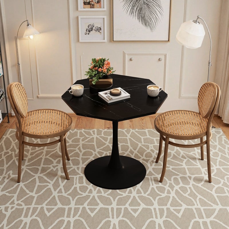 31.5" Modern Octagonal Coffee Table - Printed Black Marble Top & Metal Base