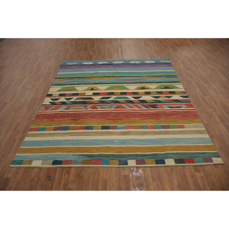 Hand Woven Oriental 100% Wool Carpet Southwestern Modern Multi-Colored Kilim Area Rug - 10' 0'' X 8' 2''
