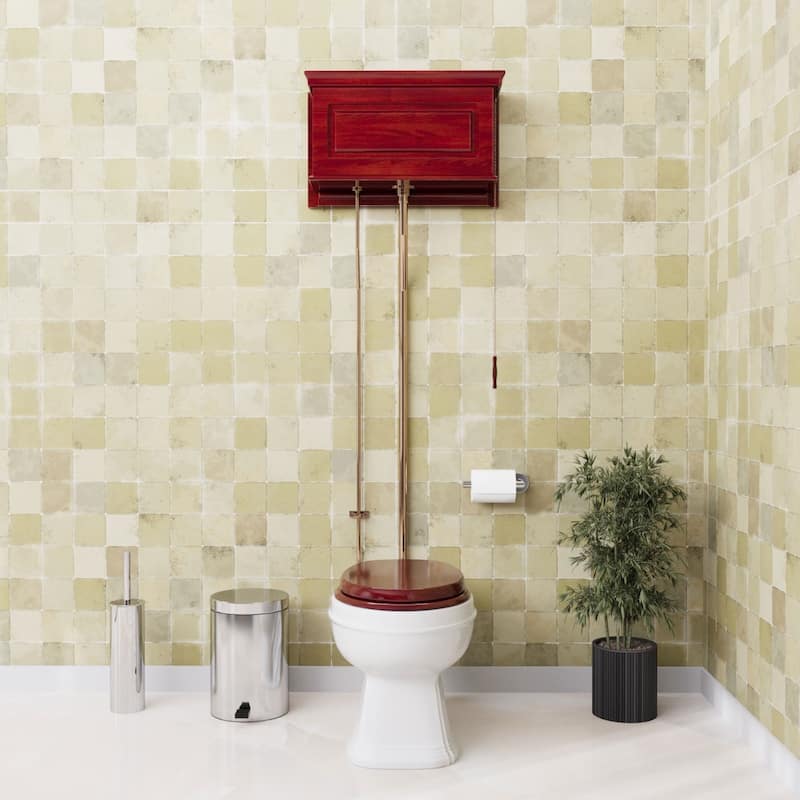High Tank Toilet - Cherry Wooden Tank, Elongated White Bowl and Brass L Pipes Renovators Supply