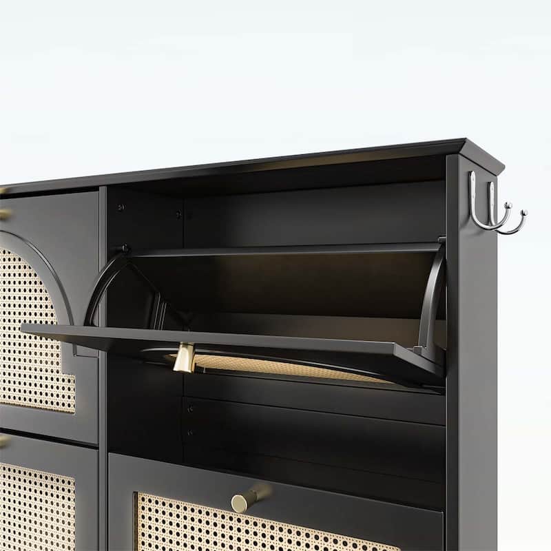 Elegant Entryway Shoe Cabinet with 4 Flip Drawers,with Rattan Doors and Hooks