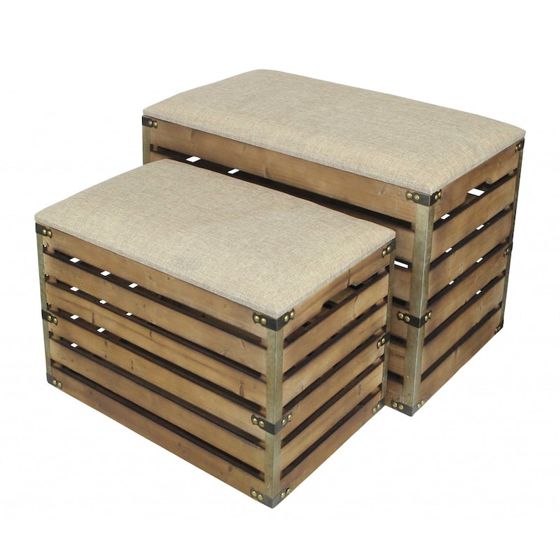 HomeRoots Set of Two Brown Wood Slat and Upholstery Storage Benches With Flip Top - 23.7 W x 14 D x 17.5 H