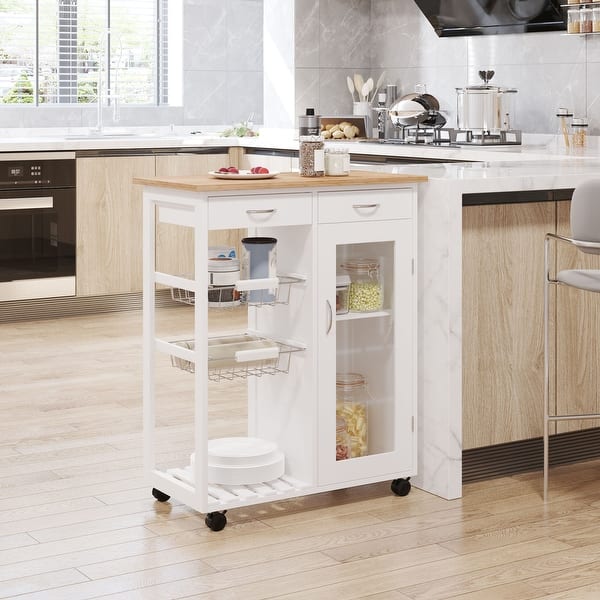 slide 1 of 10, HOMCOM 28” Rolling Kitchen Trolley Serving Cart Storage Cabinet Bamboo Top with Wire Basket & Glass Door & Drawers - White