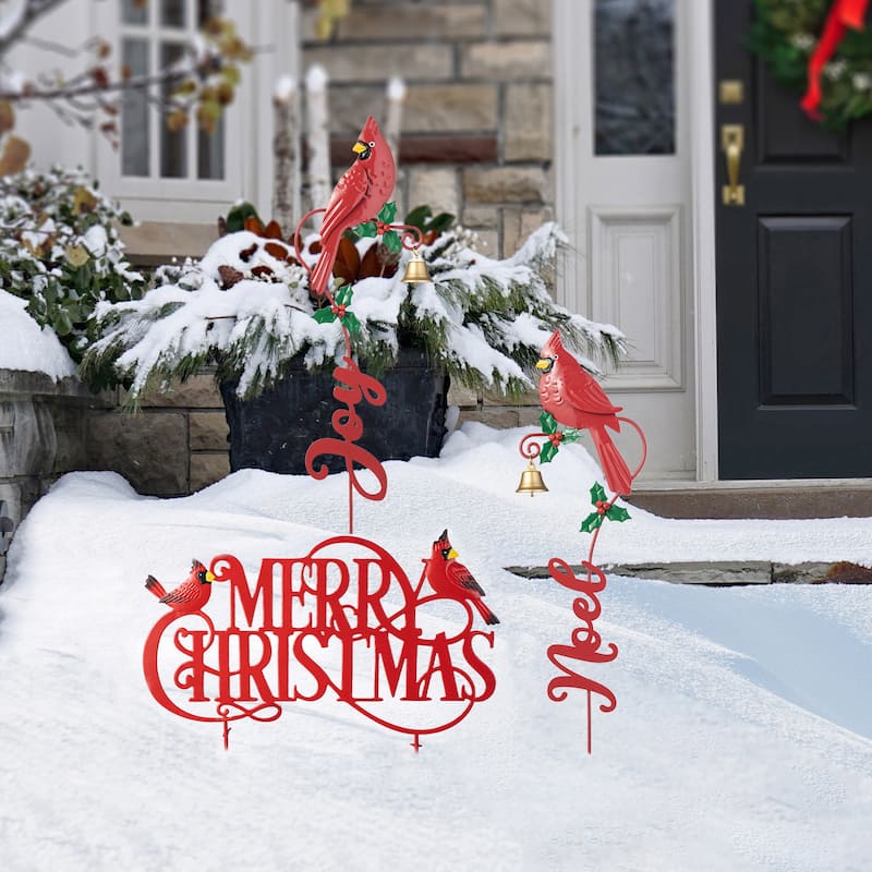 Glitzhome Metal Merry Christmas or JOY & NOEL with Bell Yard Stakes