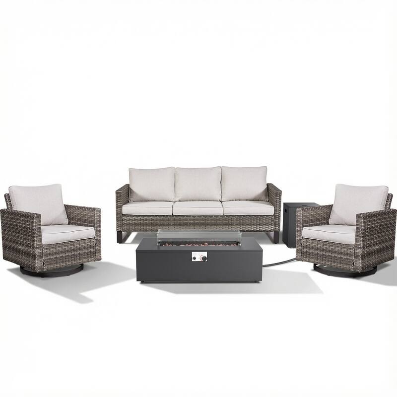 Pocassy Patio 5/7PCS Sofa Swivel Chair Ottoman with Fire Pit Table