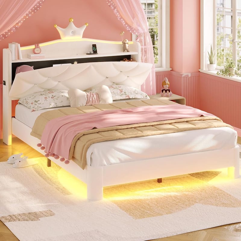 Princess Upholstered Bed with Headboard Charging Station Crystal Button Crown - White - Full