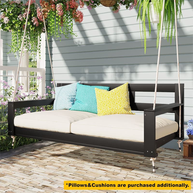 Patio Wooden Porch Swing Daybed Frame, Garden Swing Bench Chair with 4 Hanging Ropes (Cushions and pillows not included) - Black