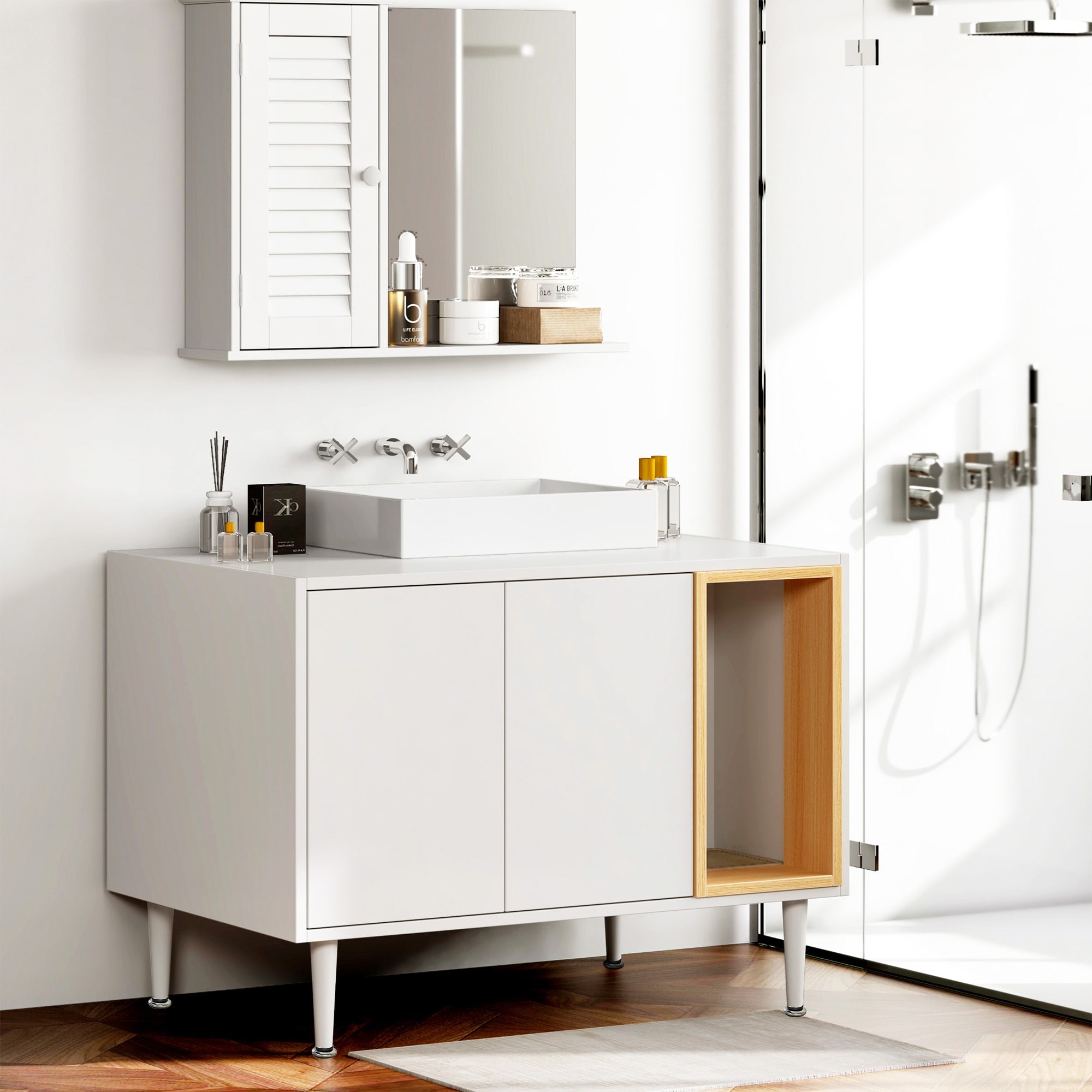 Bathroom sink cabinet with Cat Litter Box enclosure Hidden Litter Pet Washroom with Divider Indoor Cat House for Large Cats Bed Bath Beyond 41002833