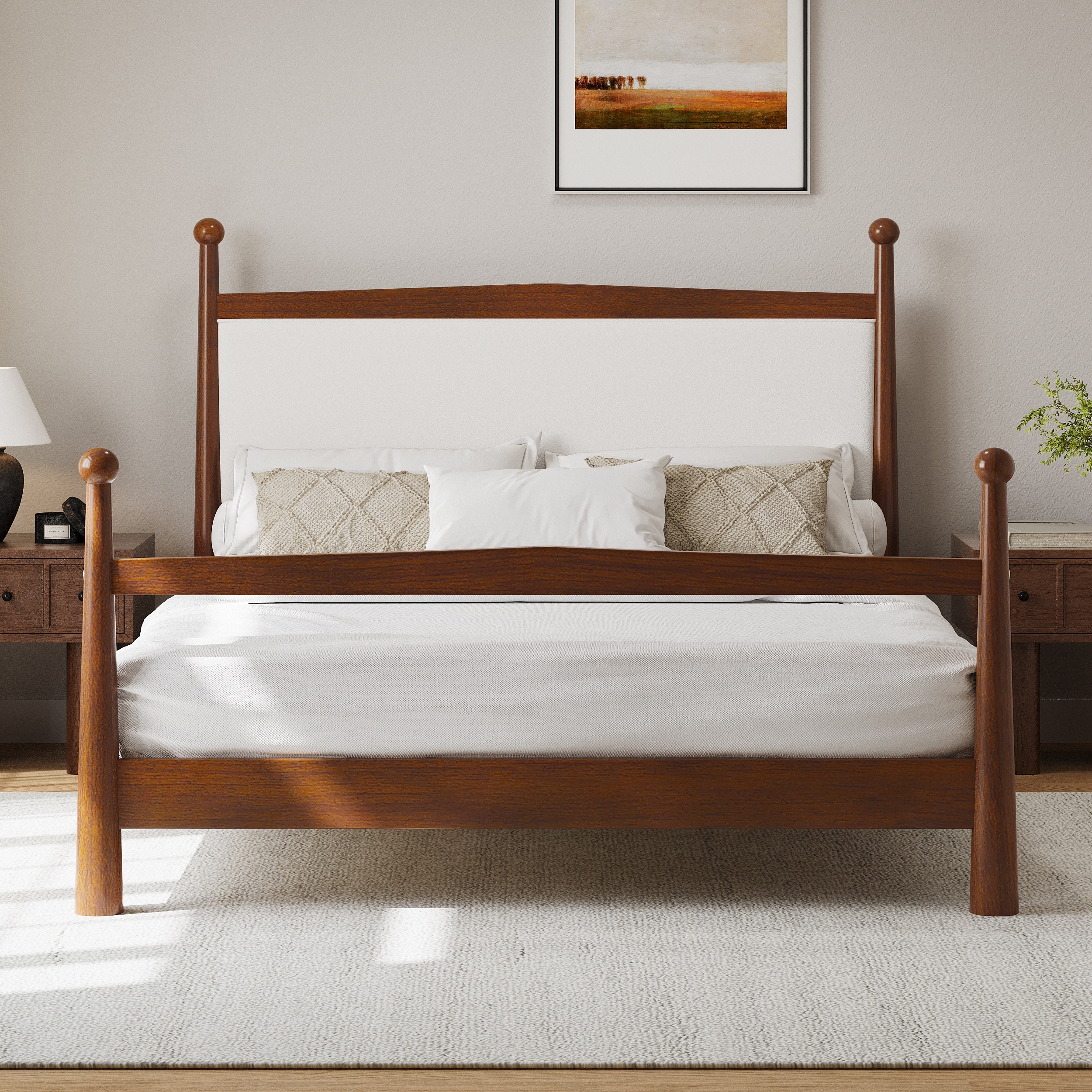 Platform Bed with Upholstered Boucle Headboard Panel Bed No Box Spring Needed Wood Slat Bed Low Profile Bed - Minimalist Design