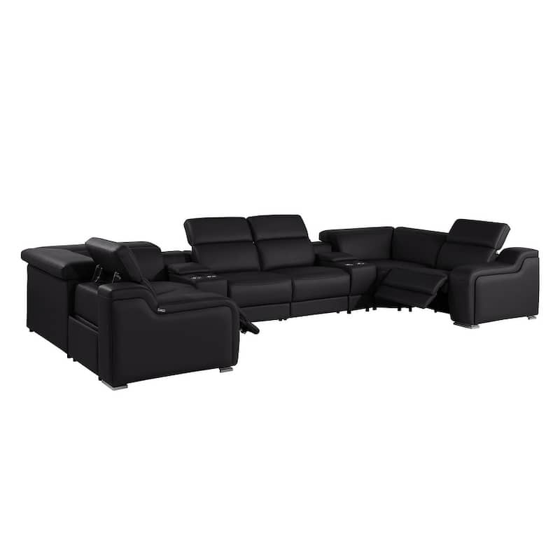 HomeRoots Black Italian Leather Power Reclining U Shaped Eight Piece Corner Sectional With Console