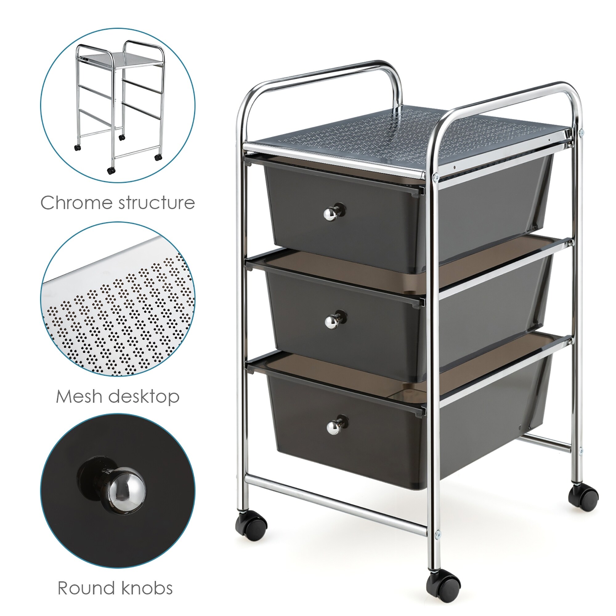 Black Metal Mesh 3-Drawer Storage Cart