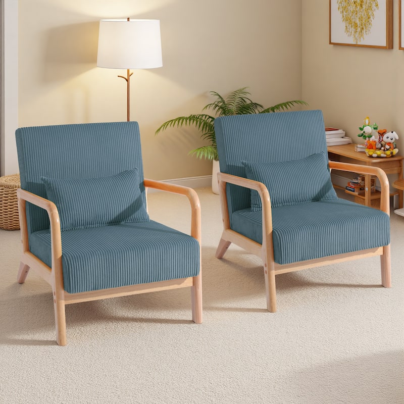 25" W Mid Century Upholstered Wood Accent Chair with Pillow set of 2