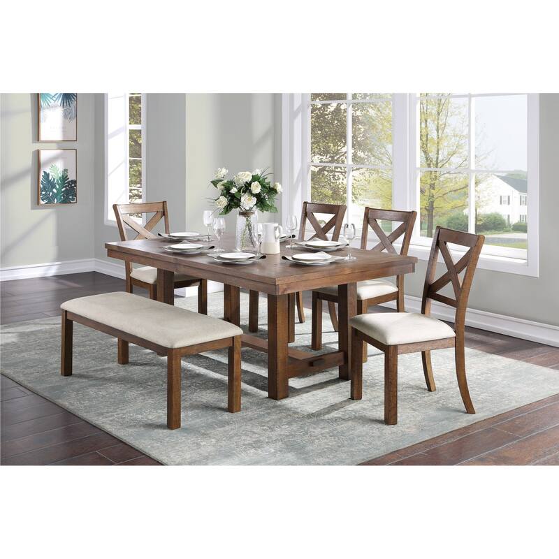 Transitional Style Dining Set Brown Finish Table Bench Side Chairs Upholstered Seat Wooden Furniture