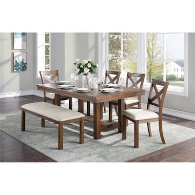 Transitional Style Dining Set Brown Finish Table Bench Side Chairs Upholstered Seat Wooden Furniture