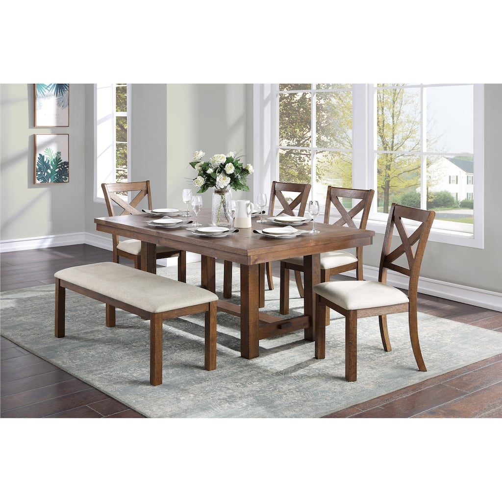 Transitional Style Dining Set Brown Finish Table Bench Side Chairs Upholstered Seat Wooden Furniture