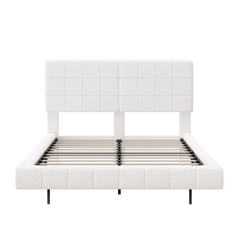 Floating Platform Bed Frame with LED Lights, Headboard, Modern Upholstered Boucle Fabric Bed with Checkerboard Design