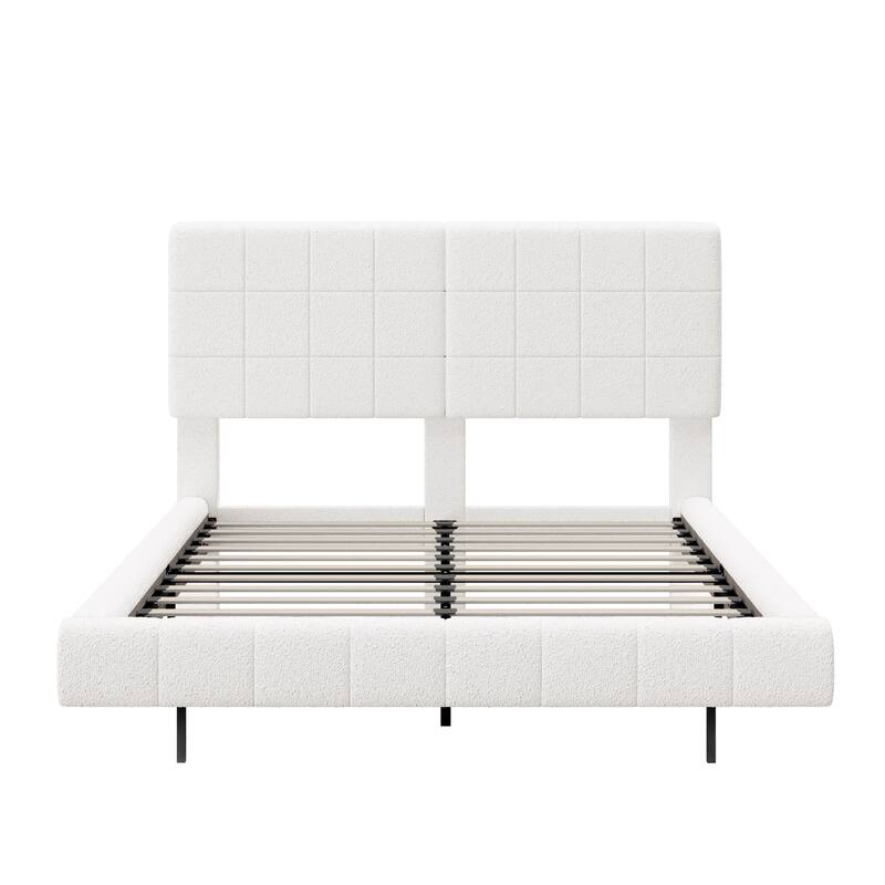 Queen Floating Bed with LED Lights - Soft Boucle Fabric, 800lbs Capacity, Easy Clean Design