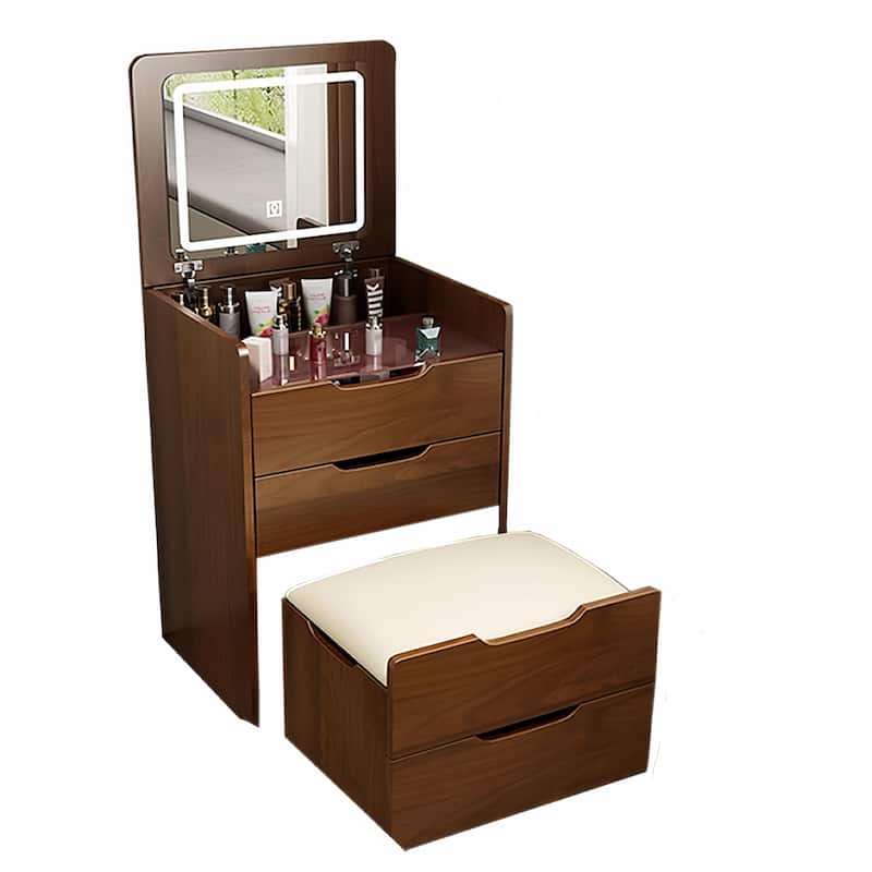 Flip-Top Vanity Table with LED Mirror & Storage, Includes Makeup Stool
