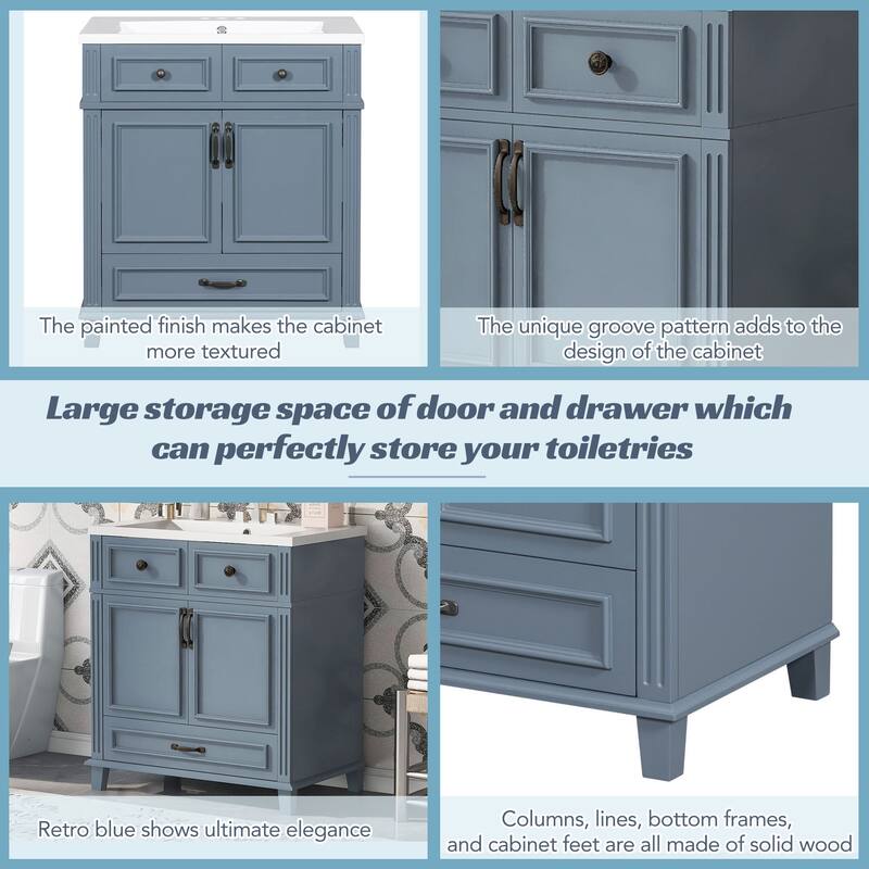 30 inches Freestanding Bathroom Vanity Set in Blue with Integrated Ceramic Sink