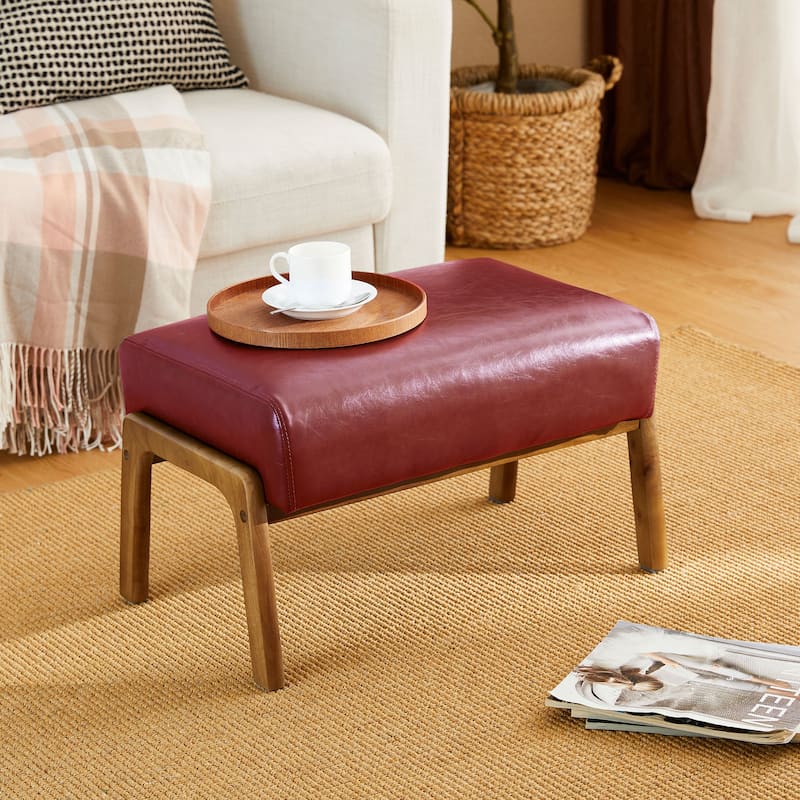 Glitzhome 24.5"W Leatherette Accent Stool With Walnut Rubberwood Legs