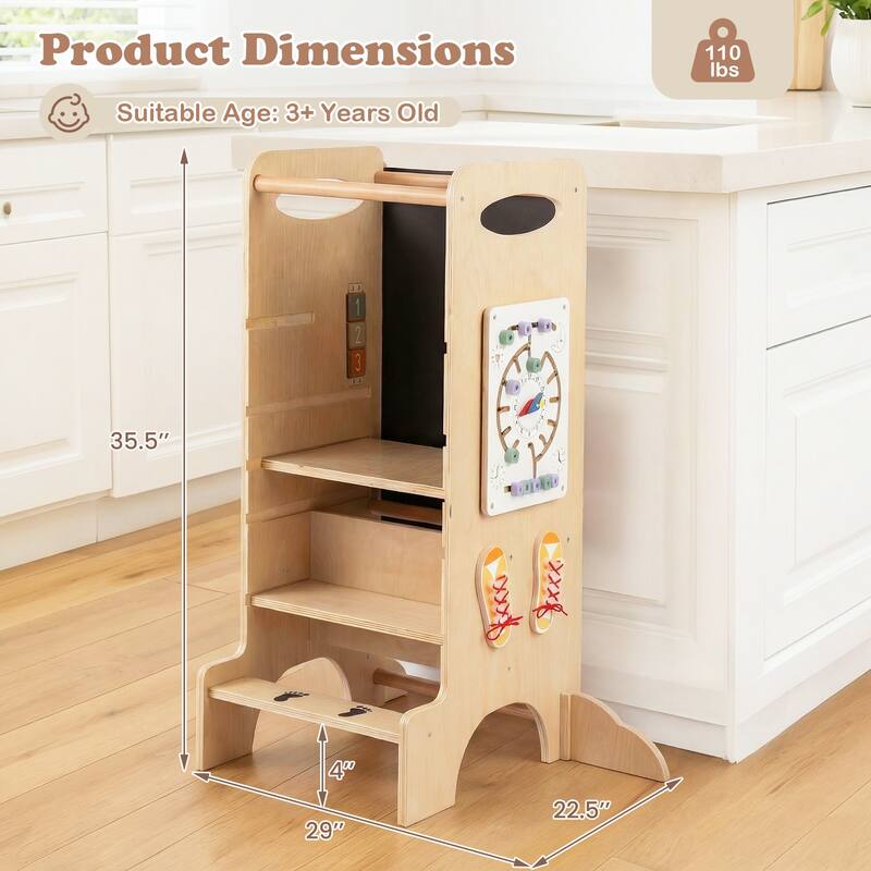 Gymax Wooden Toddler Standing Tower w/Chalkboard Montessori Games 3
