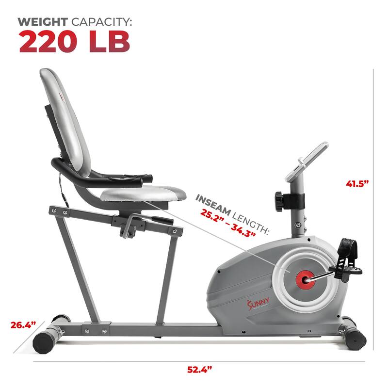 Sunny Health & Fitness Essentials Series Magnetic Smart Recumbent Bike with SunnyFit® App Bluetooth Connectivity