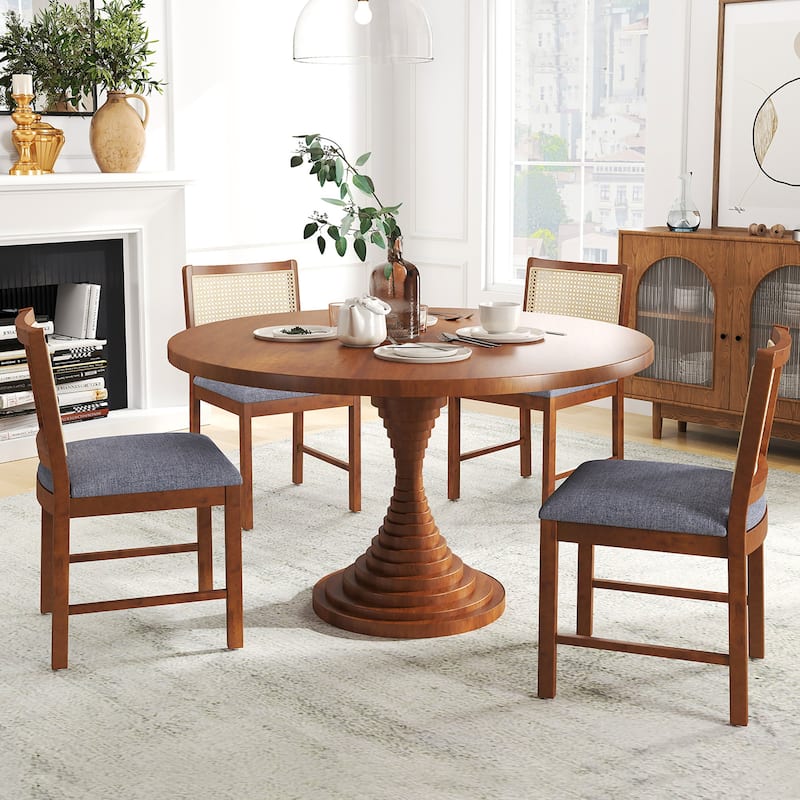 Gymax Rattan Dining Chair Set of 2 w/ Rubber Wood Frame Linen Fabric