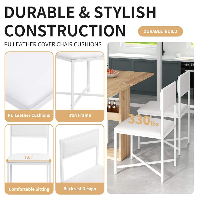 Modern 5-Piece Extendable Dining Table Set, 63" Kitchen Foldable Wooden Table with Lower Storage Shelf and 4 PU Leather Chairs