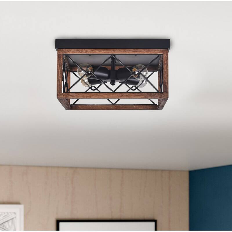 Black and Brown Geometric Farmhouse Rectangular Cage Design Flush Mount Ceiling Light
