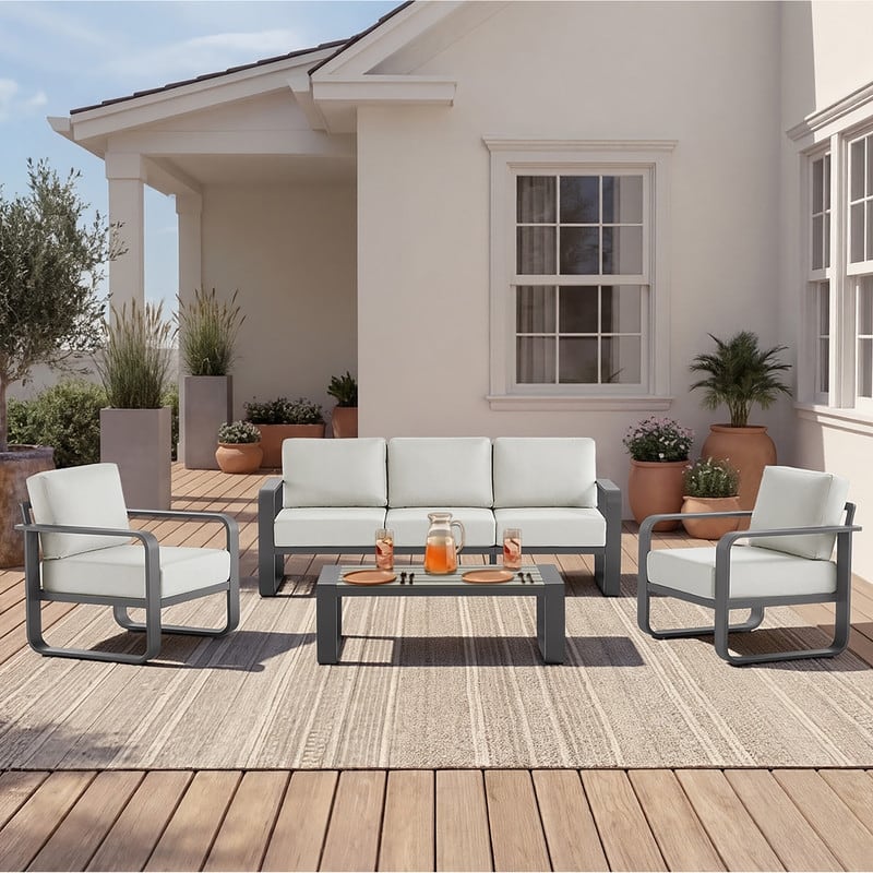 Spruce & Spring Outdoor Patio Furniture Set Aluminum Sofa Accent Chair - 4PC-3 Seat Sofa - Light Gray