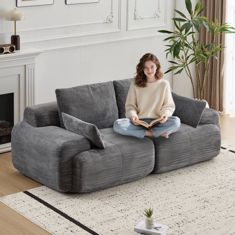 Modular Sectional 2-Seater Cloud Couch, Corduroy Upholstered Boneless Sofa, Compressed Sofa with Cushion & Throw Pillows