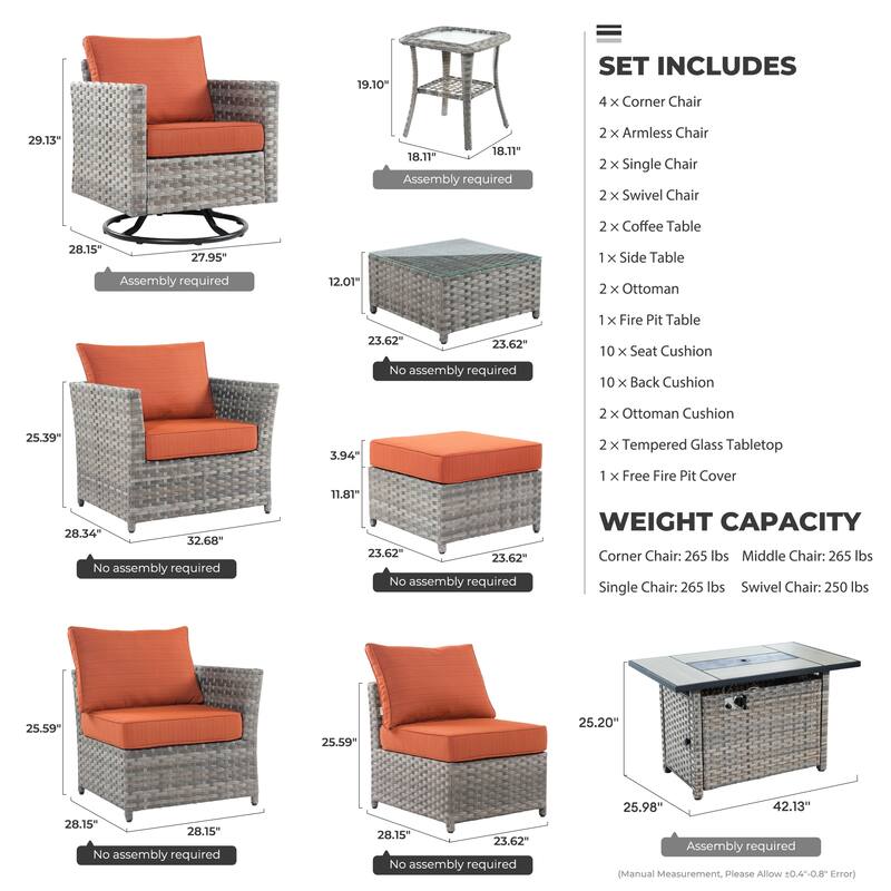 HOOOWOOO 16-piece Grey Rattan Outdoor Furniture Sectional Sofa Set Fire Pit Set with Swivel Chairs