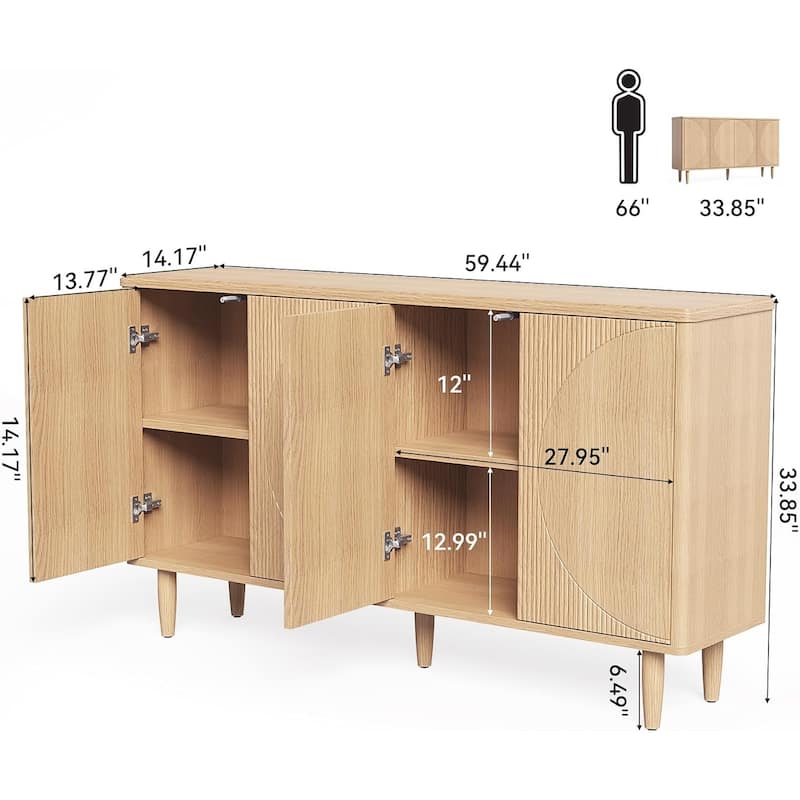 Modern Walnut Buffet Cabinet with Semicircle Doors and 4 Tier Storage for Living or Dining Room - 59.44" x 14.17" x 33.85"