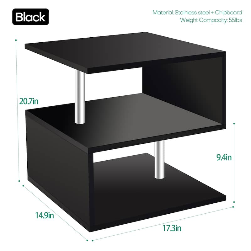 3 Tier S-Shaped End Table Wood Side Table with Storage Shelf - 20.7"H x 17.3"W x 14.9"D