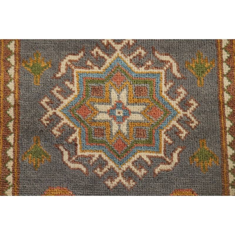 Gray Geometric Kazak Oriental Runner Rug Handmade Grey Wool Carpet - 2'1" x 10'1"