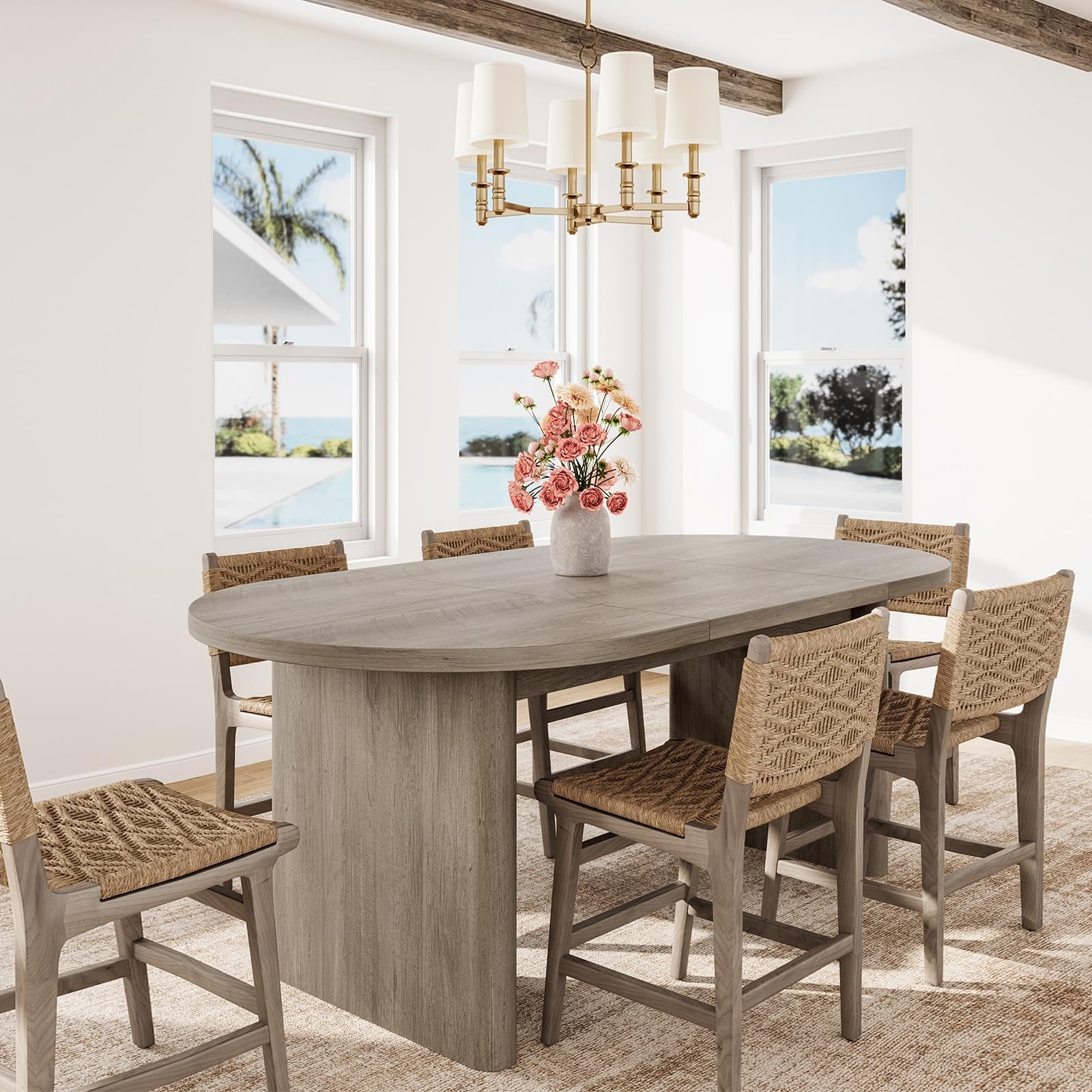 Oval Dining Table for 6-8 People, Long Large Kitchen Table with Thick Sturdy Wooden Base, Farmhouse Dining Room Table