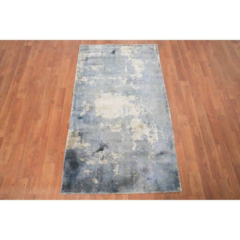 Hand Knotted Oriental Viscose Silk Carpet Modern All-Over Navy Blue & Blues Abstract Area Rug - 4' 7'' X 2' 7''
