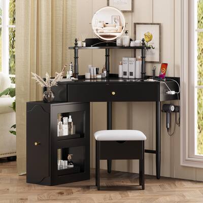 Triangle Makeup Desk with Removable Pull-Out Side Cabinet, Glass Tabletop Makeup Vanity with Drawer and Shelf