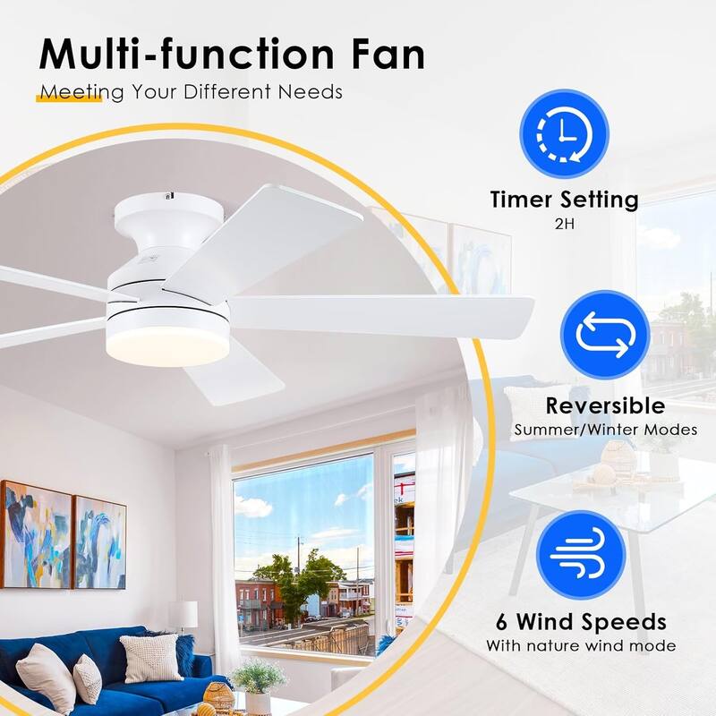 46 Inch Flush Mount Ceiling Fan with Light 5 Reversible Dual Side Blades for Bedroom,Living Room,Patio - 46 Inches